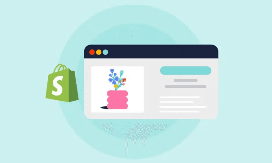 Shopify bag icon next to browser window with flower vase illustration