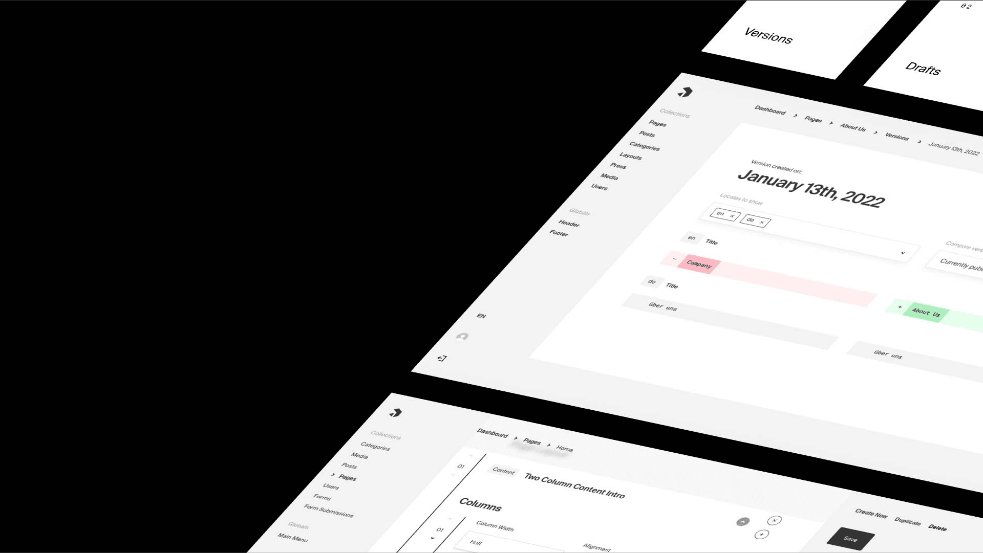 Sanity CMS dashboard UI panels with versions and calendar on dark background