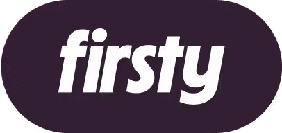 Firsty logo in bold white text on dark purple oval background