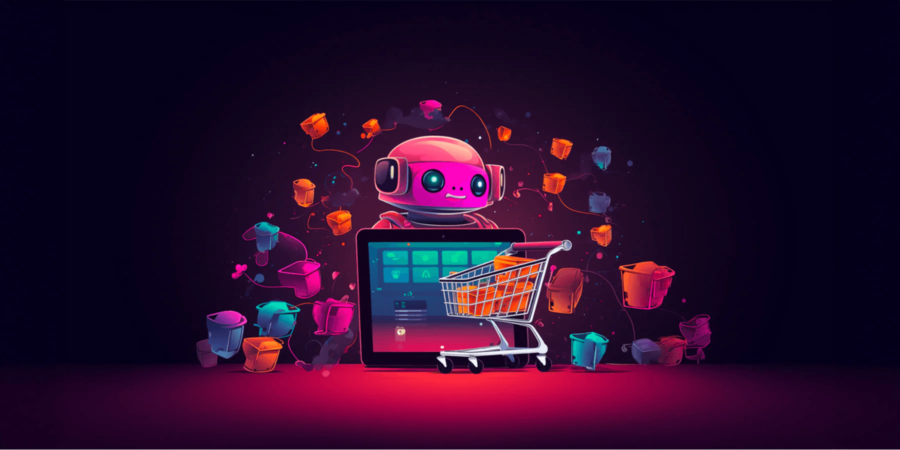AI robot with shopping cart surrounded by colorful e-commerce icons