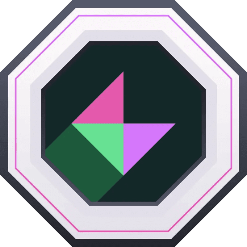 Geometric octagonal logo with pink and green triangular shapes