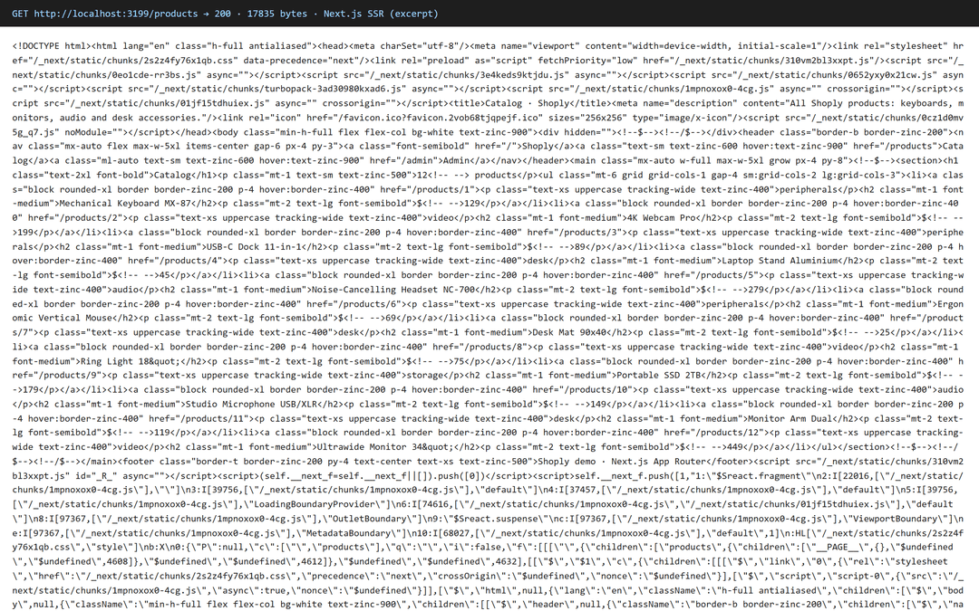 Next.js HTML response: a finished page with products and meta tags