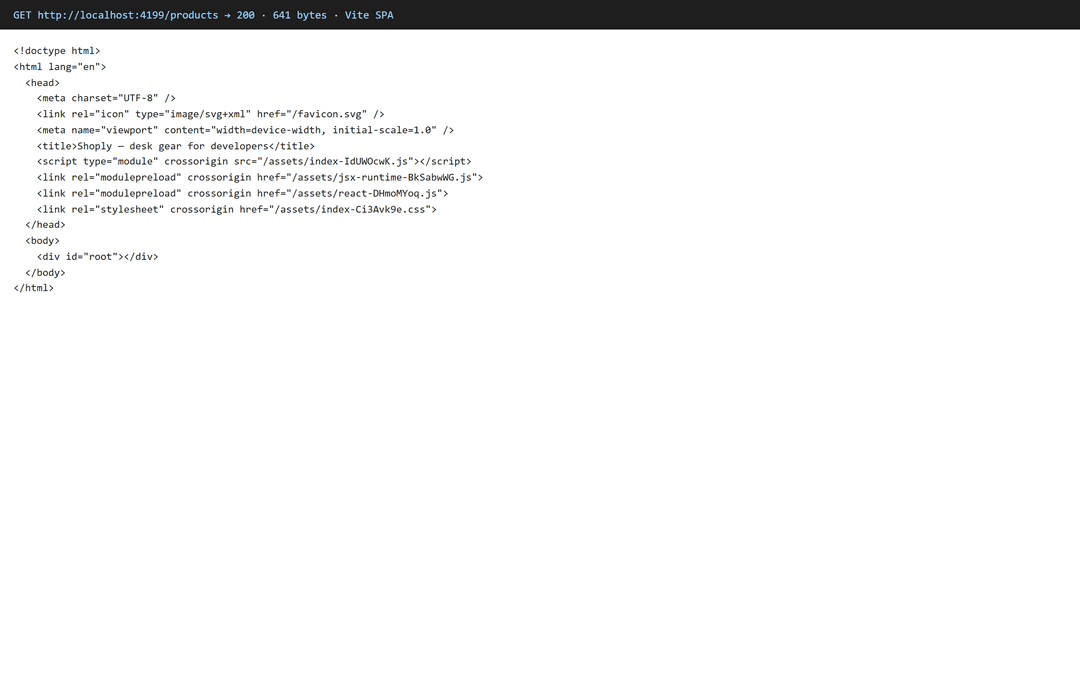 Vite SPA HTML response: 643 bytes and an empty div#root