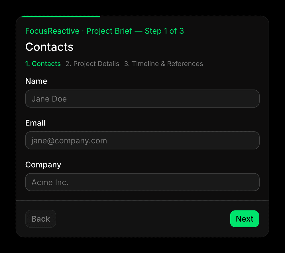 Step one of the brief form. Every section below adds one capability to this same form.