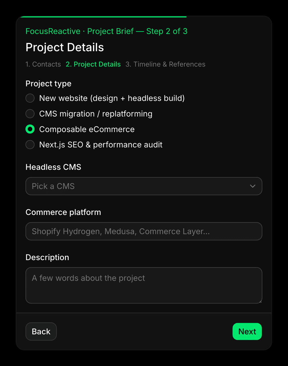 Commerce platform appears only for an eCommerce project. One useWatch subscription decides it.