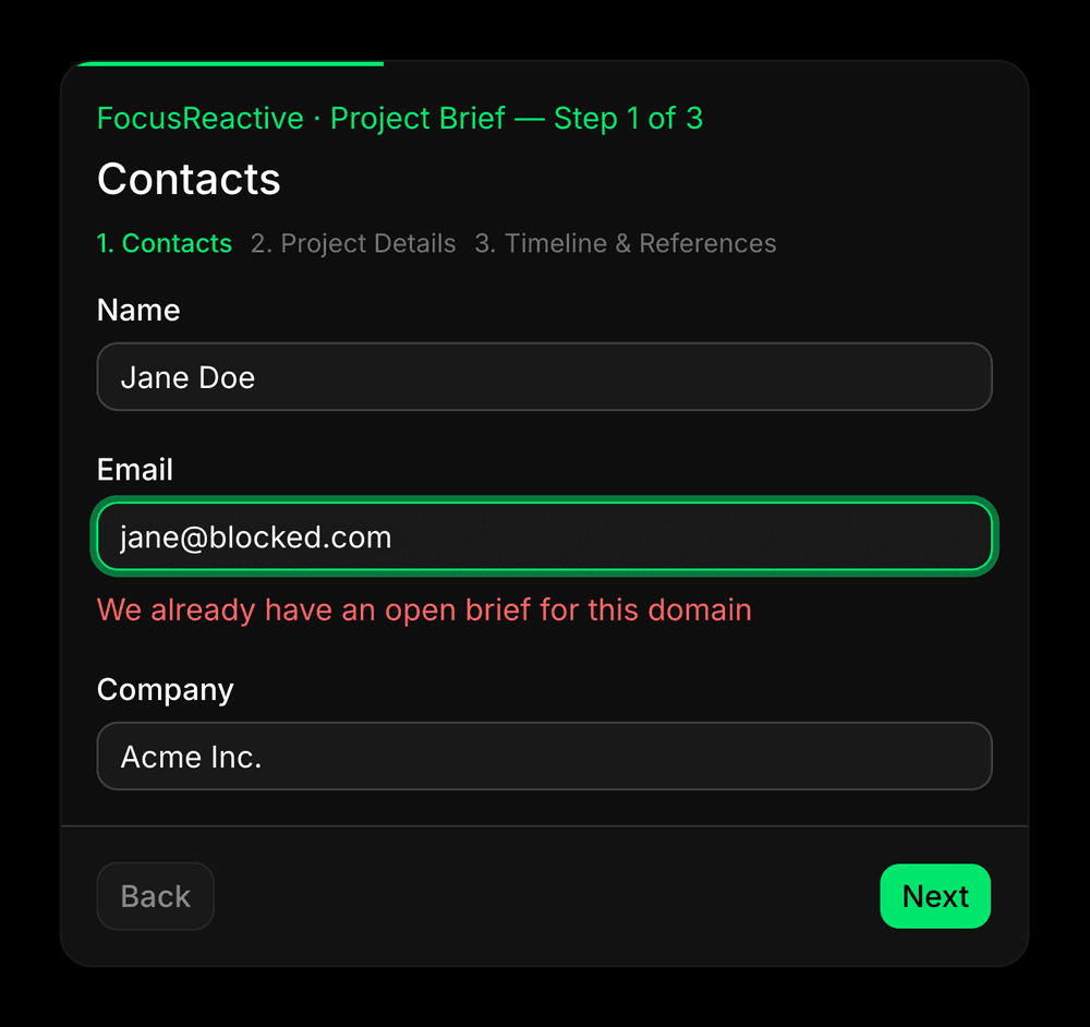 The server rejected the email, so the form jumped back to step one and put the cursor in the field that faile.