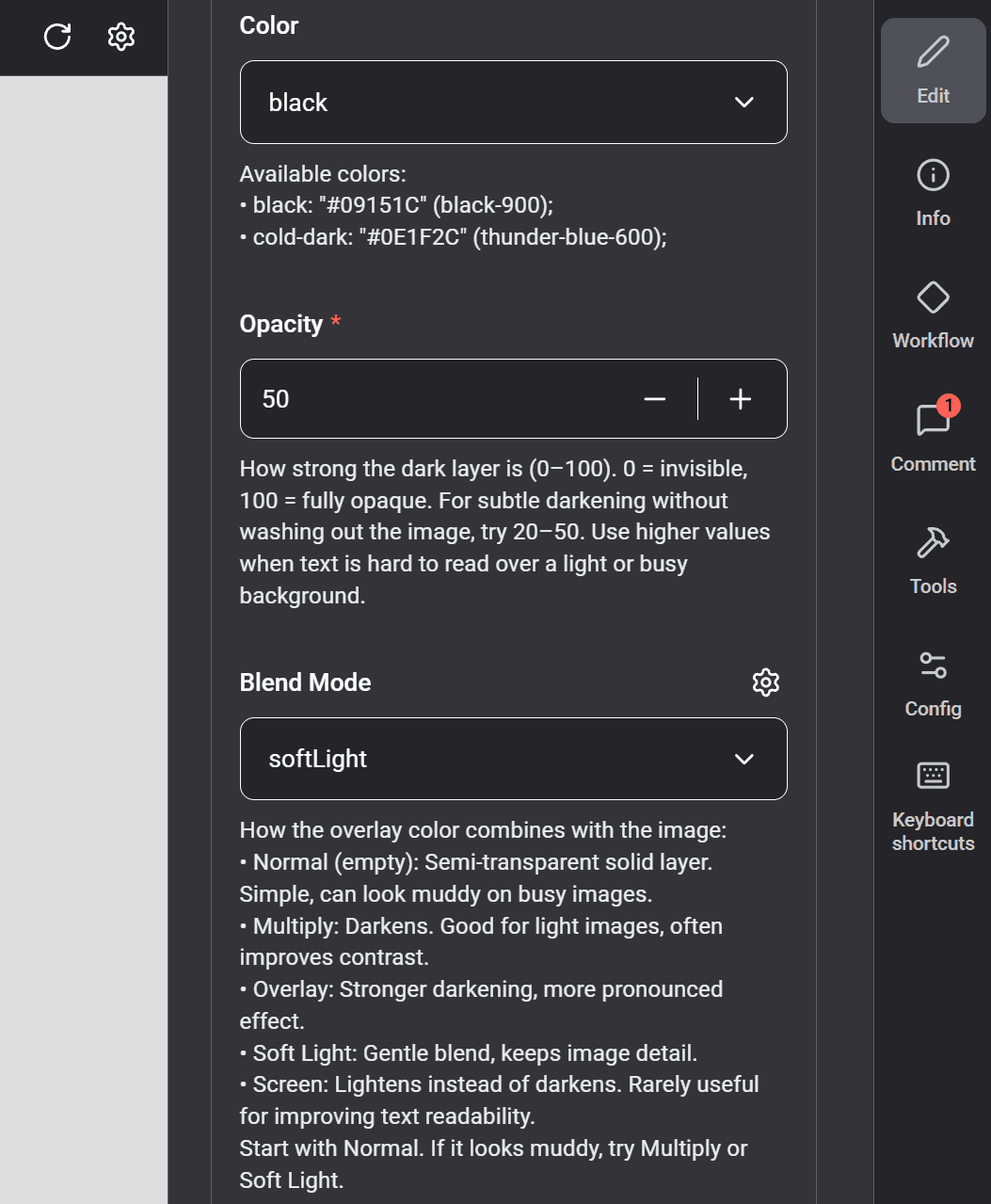 The imageOverlay fields on a background block (color, opacity, blend mode) as an editor sees them.