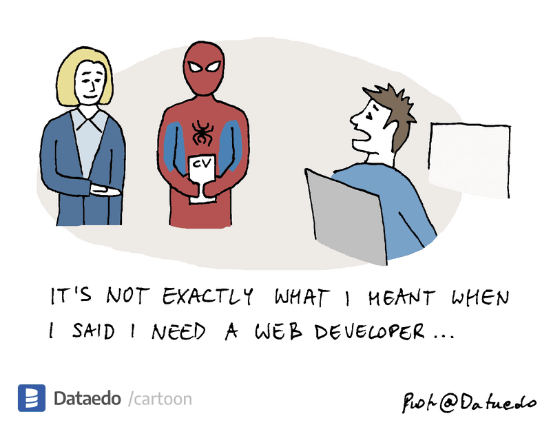 Cartoon showing a hiring manager and Spider-Man holding a CV while speaking to a man at a computer, with text reading "It's n