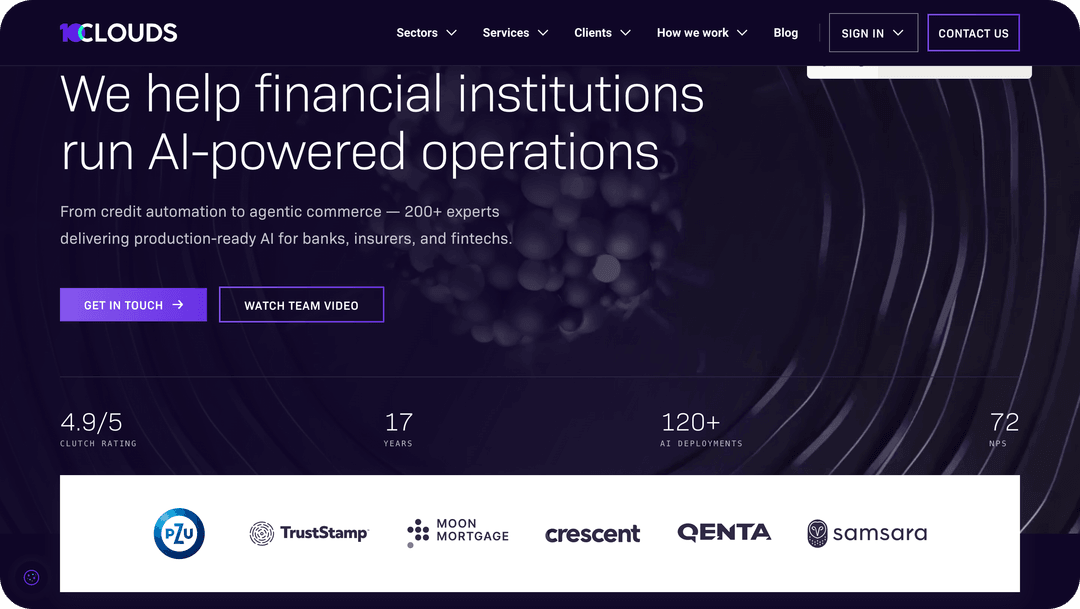 Kclouds website homepage with dark background showing headline "We help financial institutions run AI-powered operations," na