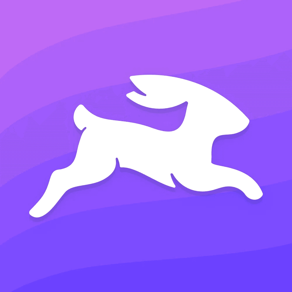 White rabbit silhouette running on purple gradient background