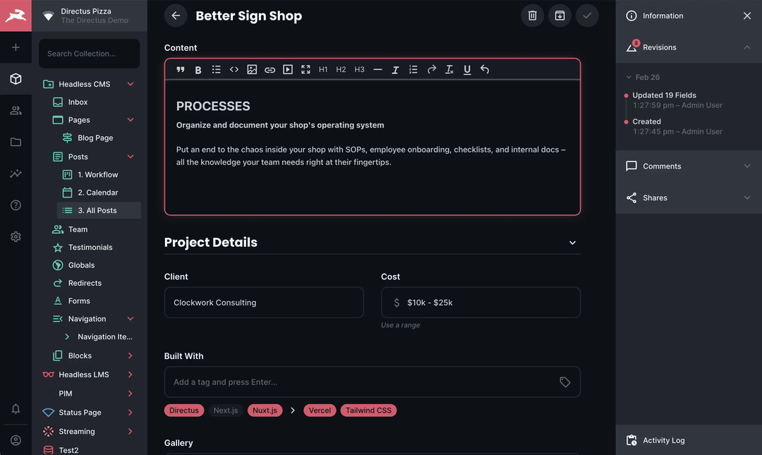 Directus interface