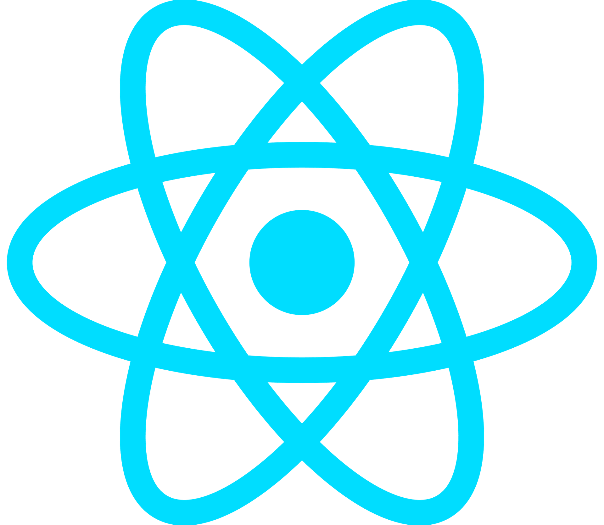 React logo, cyan atom symbol with orbiting electrons on white background