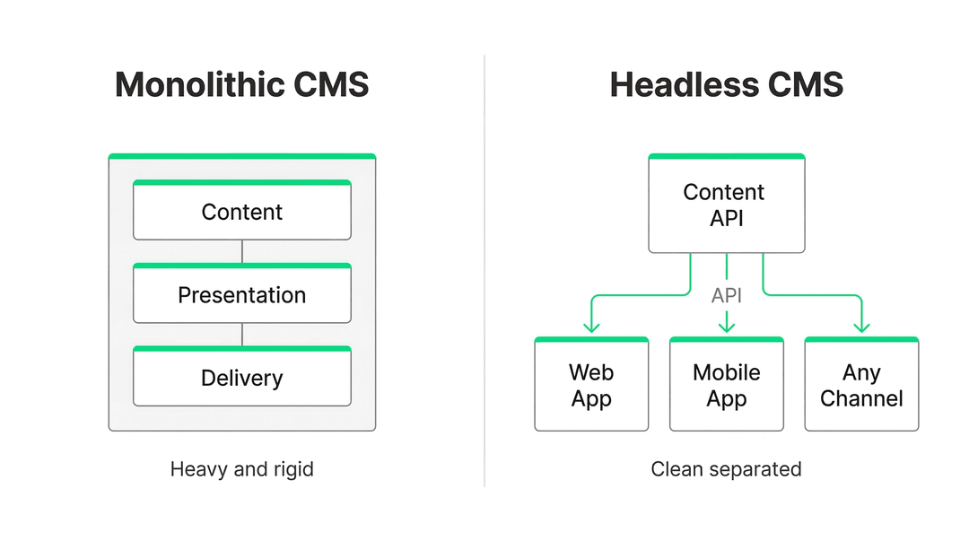 Monolithic CMS couples content, presentation and delivery into one system. Headless separates them - the same content API serves web, mobile, and any other channel you need.