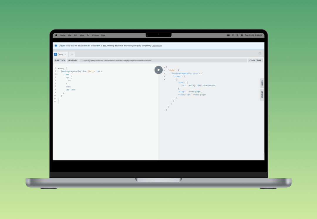 Contentful GraphQL Playground open in the browser with a query in progress