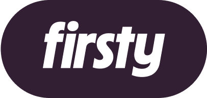 Firsty logo in white text on dark purple oval background