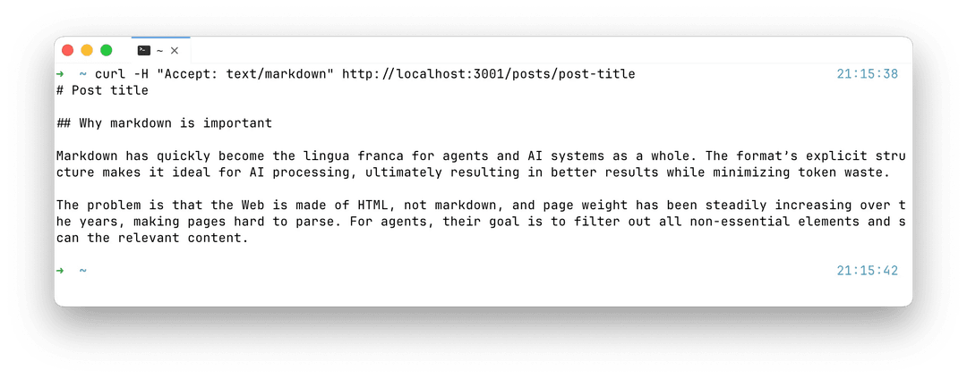 curl with Accept: text/markdown returning a clean Markdown body from the same URL a browser would get HTML for|697x273