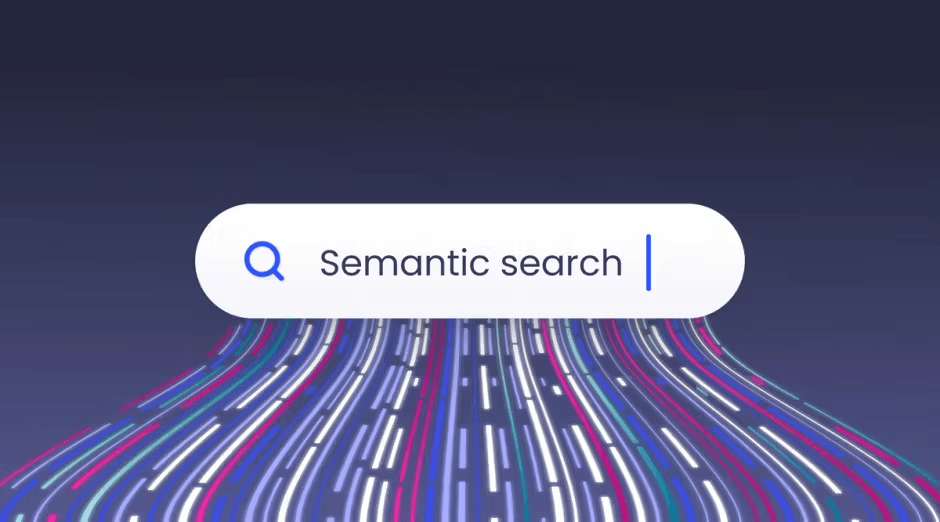 Semantic search bar with colorful data streams on dark background