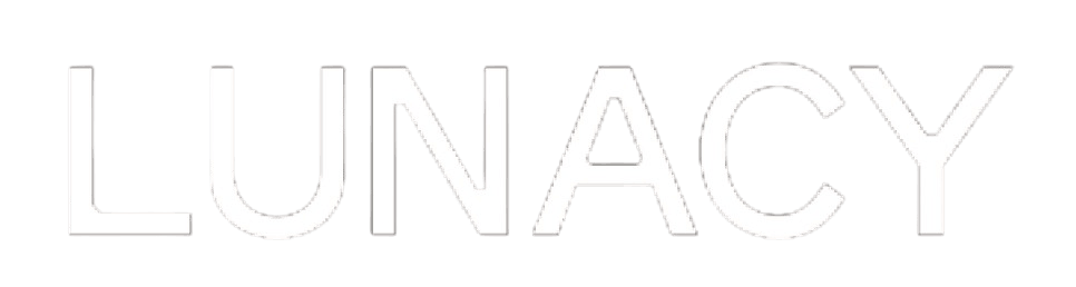 White uppercase text “LUNACY” on a solid black background.