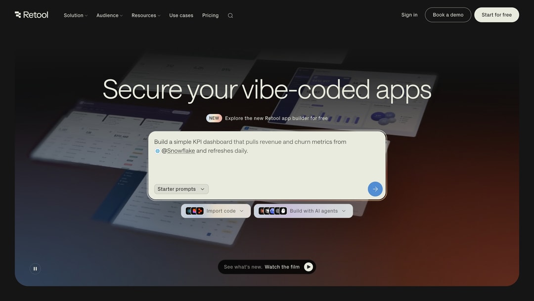 Retool homepage displaying "Secure your vibe-coded apps" with a KPI dashboard example and options to import code or build wit