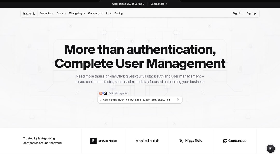 Clerk website homepage displaying navigation menu, headline "More than authentication, Complete User Management" with descrip