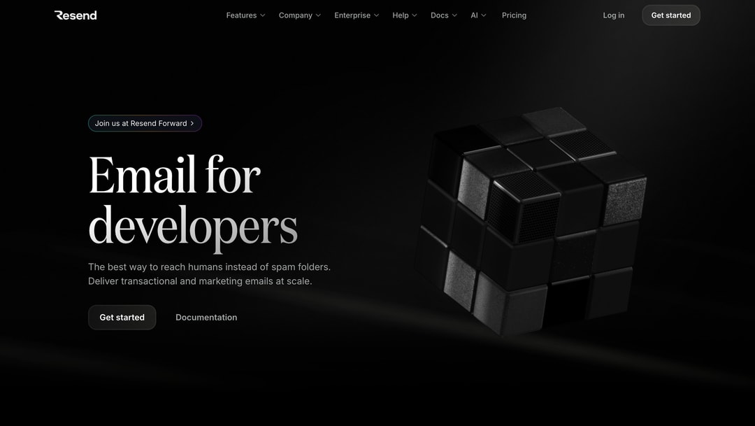 Resend homepage featuring "Email for developers" headline with 3D black cube illustration and navigation menu on dark backgro