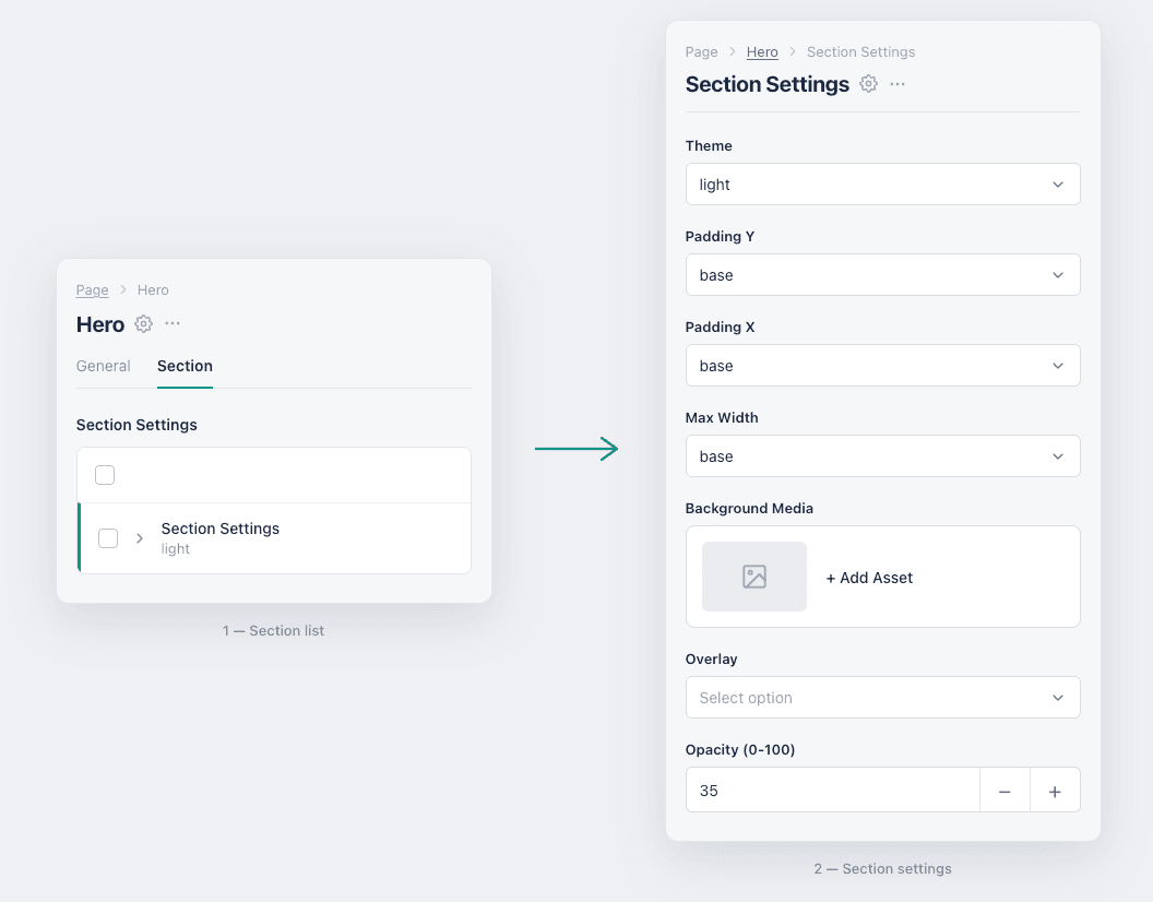 Website builder interface showing Section Settings panel with Theme, Padding, Max Width, Background Media, Overlay, and Opaci