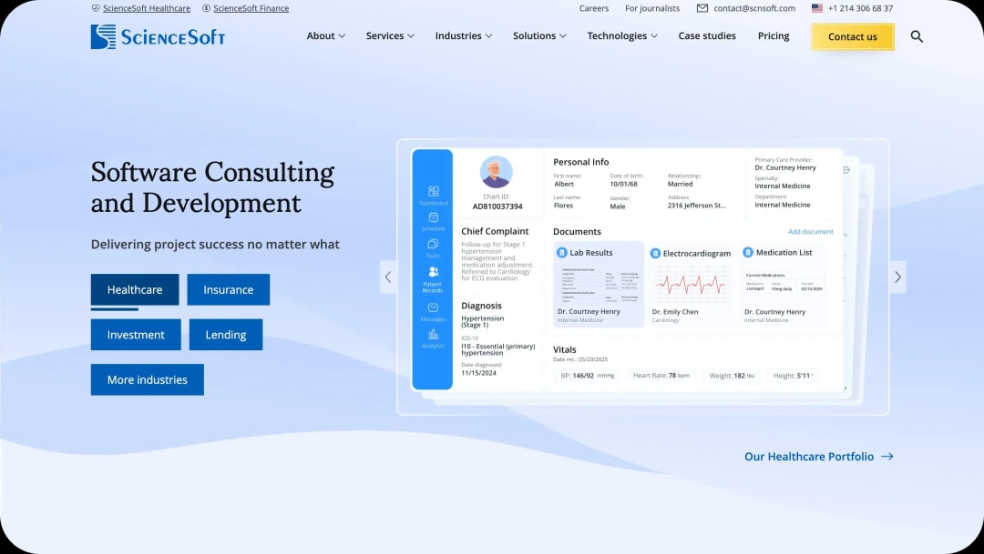 ScienceSoft website homepage showcasing software consulting and development services with a healthcare EHR system interface d