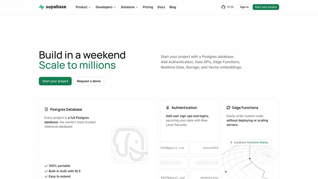 Supabase homepage showing navigation menu, headline "Build in a weekend, Scale to millions," feature cards for Postgres Datab