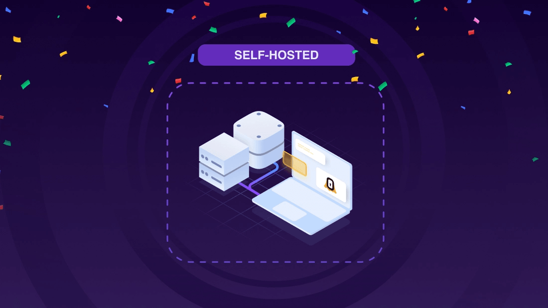 Self-hosted label with isometric server and database illustration on purple