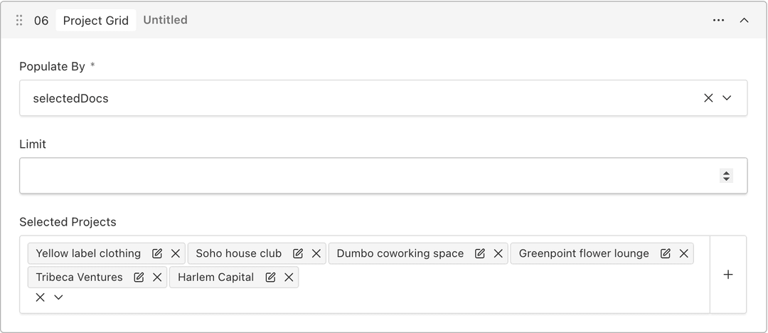Project Grid block in the Payload admin panel: a Populate By setting, a Limit field, and a Selected Projects field that references six documents from the Projects collection.