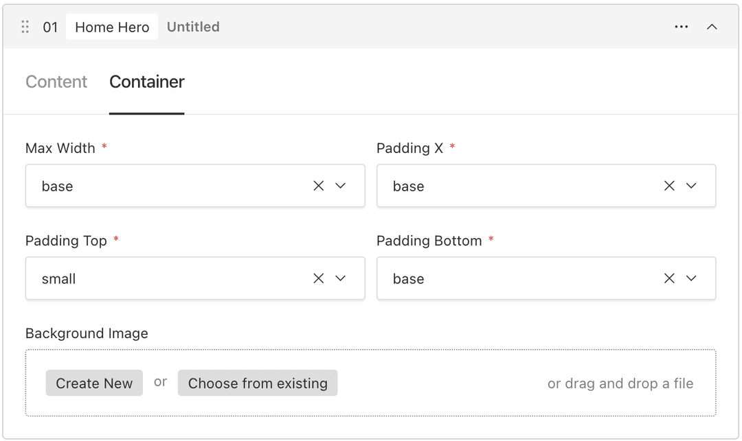 Container tab of the Home Hero block in the Payload admin panel: Max Width, Padding X, Padding Top and Padding Bottom presets, plus a Background Image field