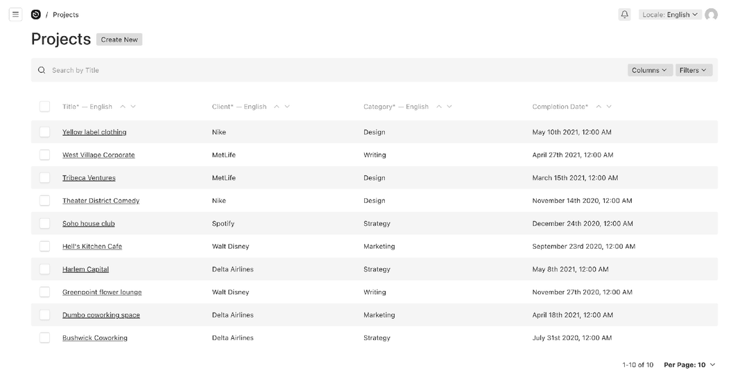 Projects collection in the Payload admin panel: ten migrated project documents in a table with Title, Client, Category and Completion Date columns.