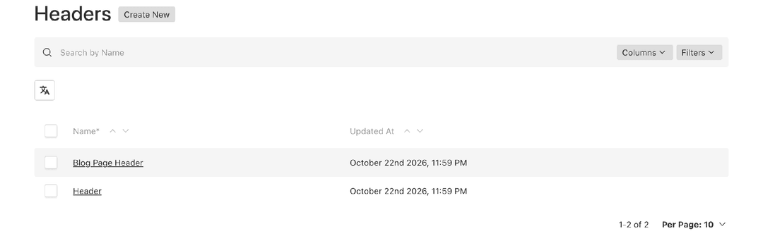Headers collection in the Payload admin panel with two documents: Header and Blog Page Header.