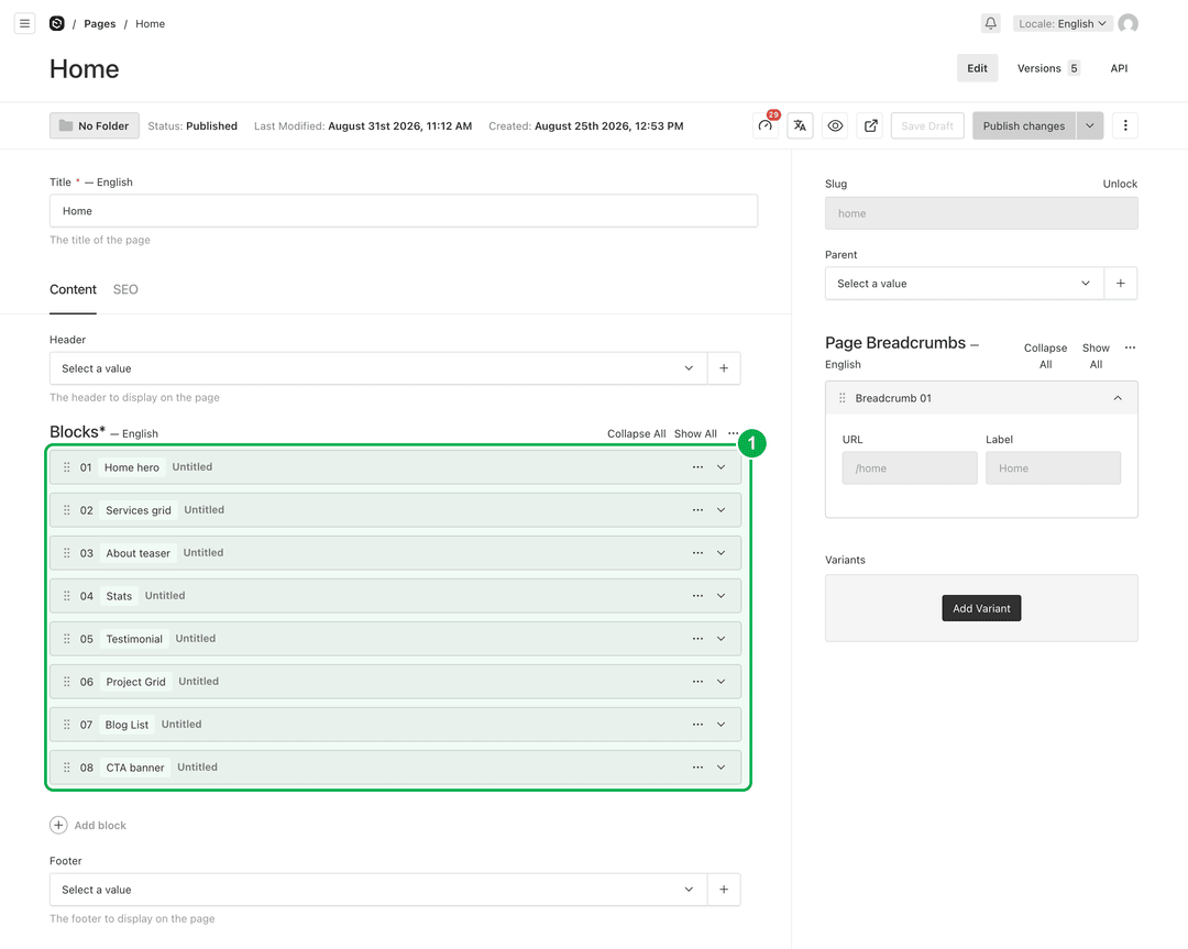 Payload admin panel showing the Home page editor. The Blocks field is outlined in green and marked with "1". It lists eight blocks in order: Home hero, Services grid, About teaser, Stats, Testimonial, Project Grid, Blog List, CTA banner.