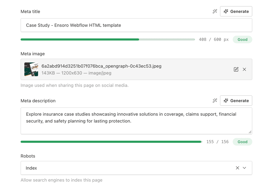 SEO fields of a migrated page in the Payload admin panel: meta title, Open Graph image, meta description with length indicators, and a Robots setting.
