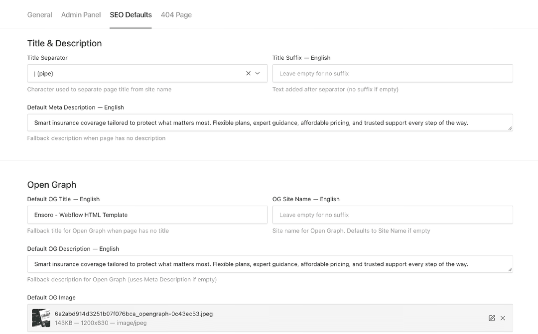 SEO Defaults tab of Site Settings in the Payload admin panel: title separator and suffix, default meta description, and Open Graph defaults for title, description and image.