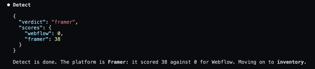 Output of the Detect phase in the terminal: a JSON verdict of "framer" with per-platform scores, followed by a message that the platform is Framer and the pipeline moves on to Inventory.
