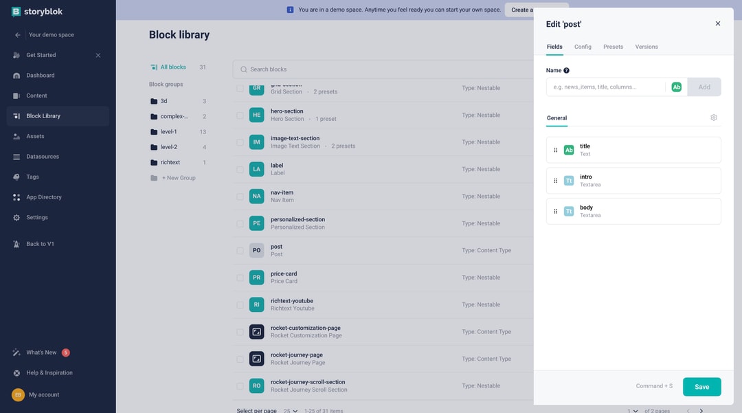 Post content type Storyblok interface
