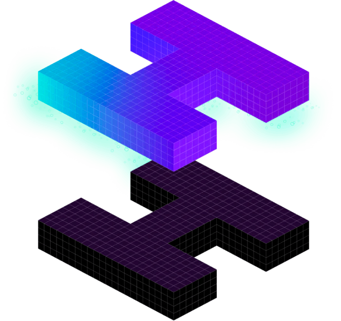 Purple isometric 3D pixel blocks forming an abstract shape