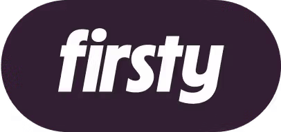 Firsty logo in bold white text on dark purple oval background