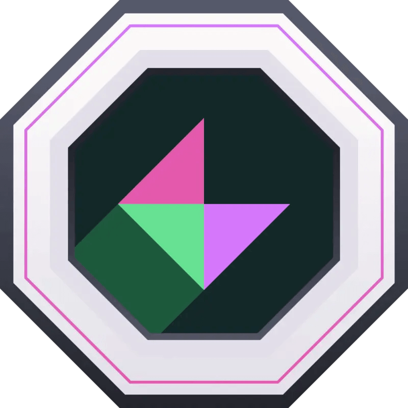 Geometric octagonal logo with pink and green triangular shapes