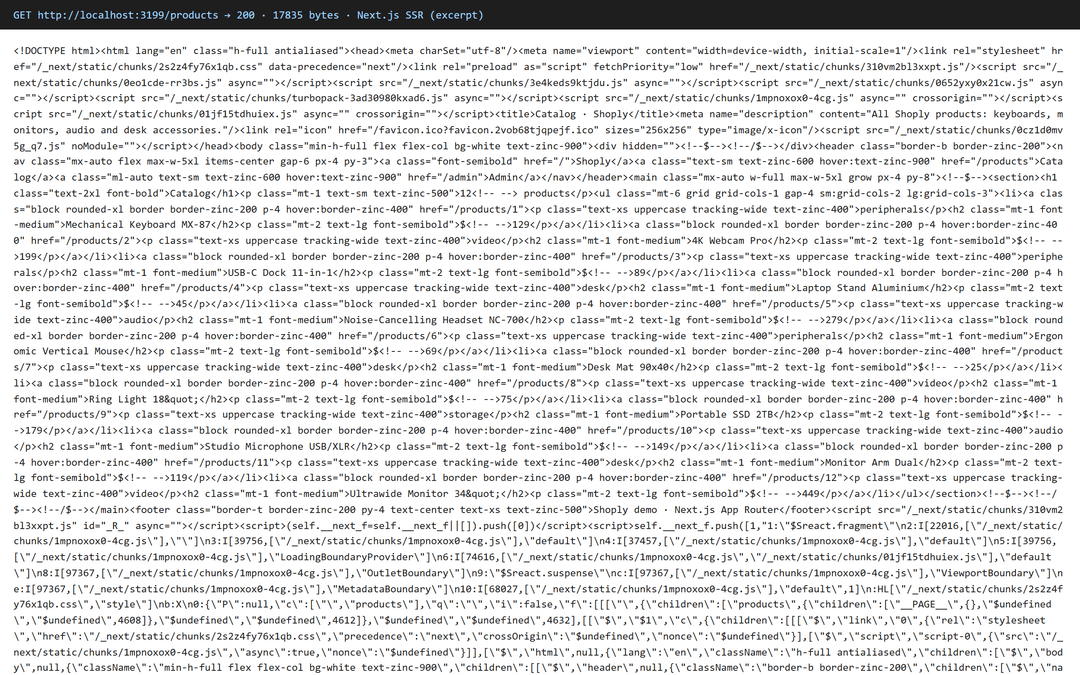 Next.js HTML response: a finished page with products and meta tags