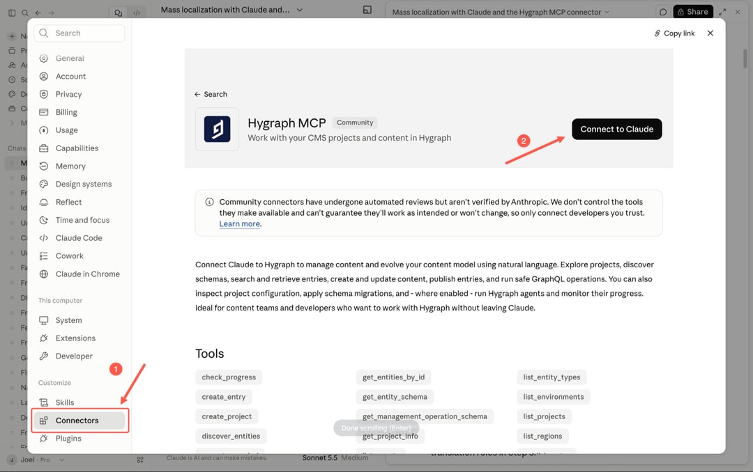 Claude settings panel showing Hygraph MCP connector with "Connect to Claude" button highlighted by red arrow, left sidebar me