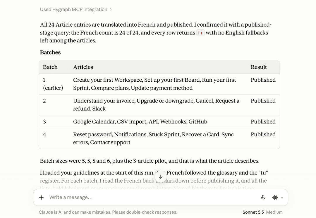 Table showing 4 batches of article translations with topics and published status. Batch 1 covers workspace setup, Batch 2 cov