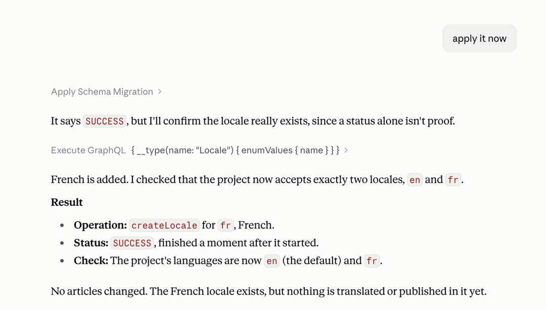 Documentation page showing steps to apply schema migration, with text explaining successful locale creation for French langua