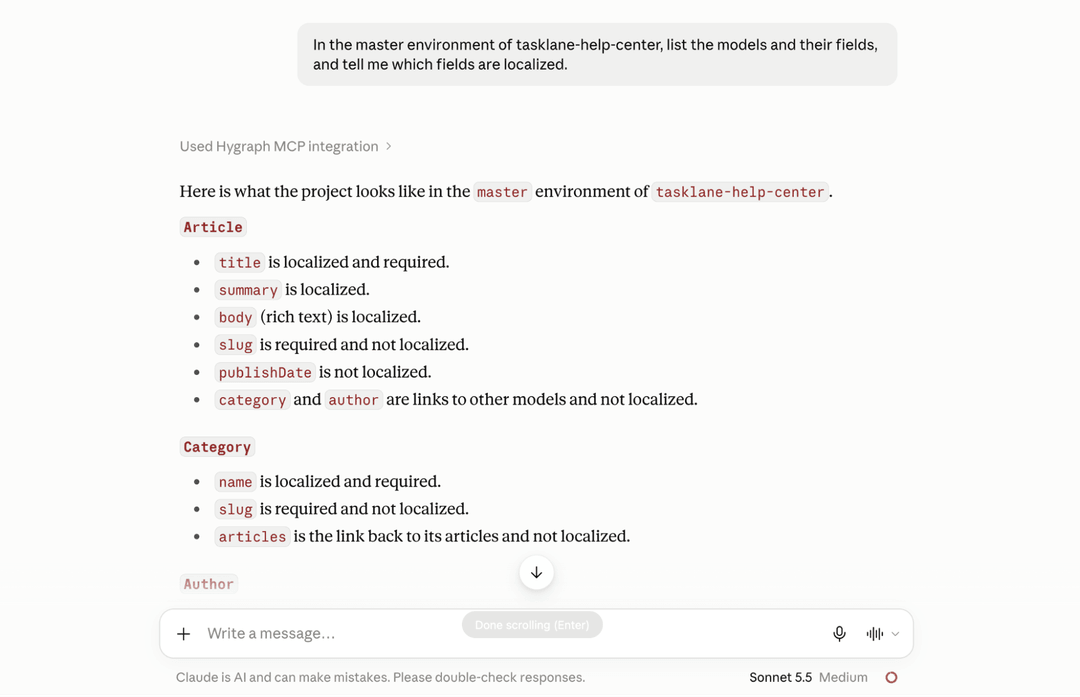 Documentation screenshot showing Article and Category model fields with their localization status in the tasklane-help-center