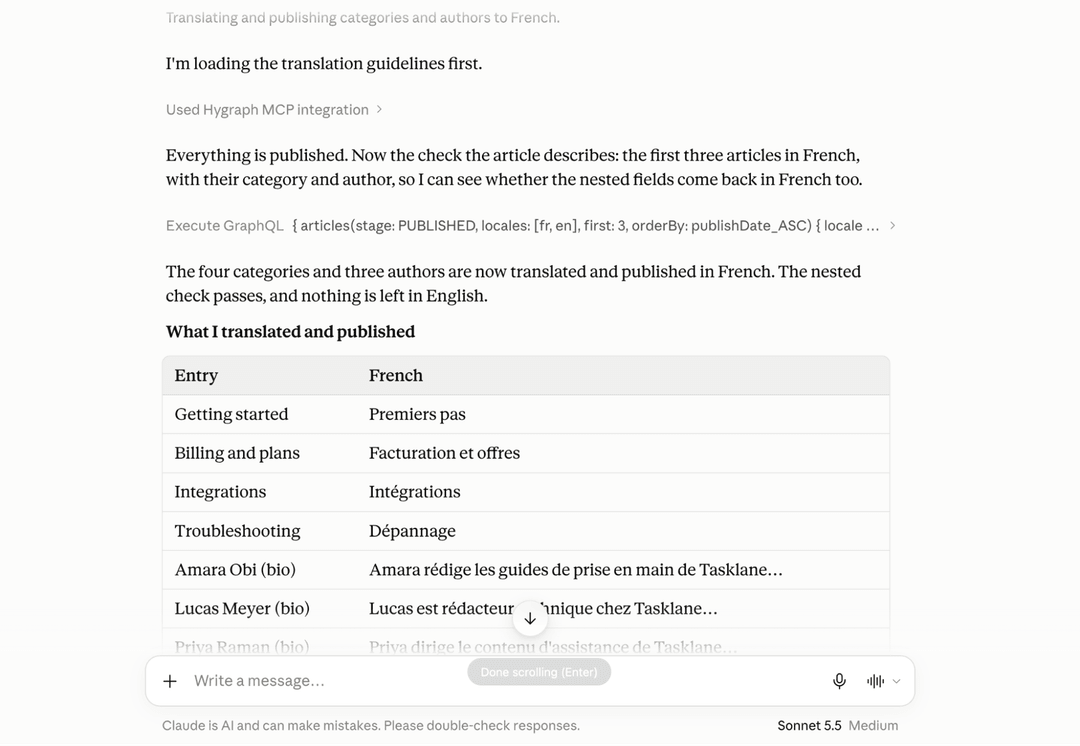 Screenshot of a documentation page showing a table with English category names and their French translations, including "Gett