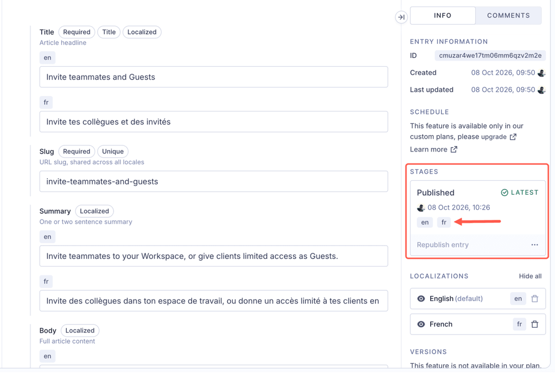 Content management interface showing article metadata fields for an "Invite teammates and Guests" entry with English and Fren