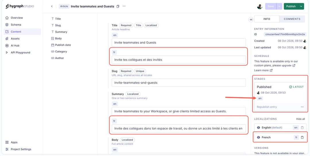 Hygraph Studio content editor showing article creation interface with multilingual fields for "Invite teammates and Guests" i