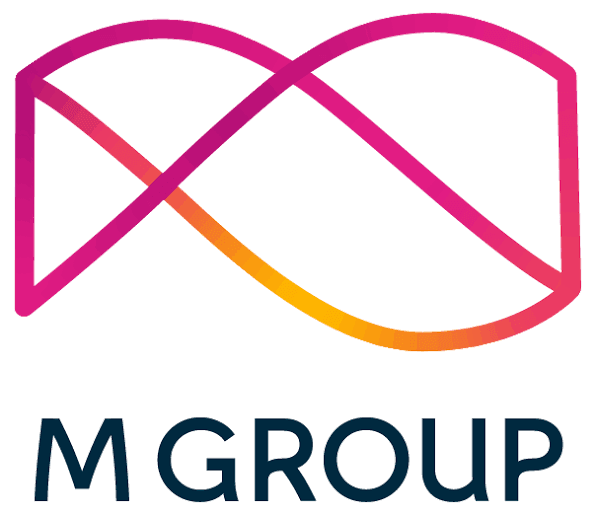 Abstract infinity symbol in magenta and orange with "MGROUP" text below in dark blue, representing a modern business or tech 